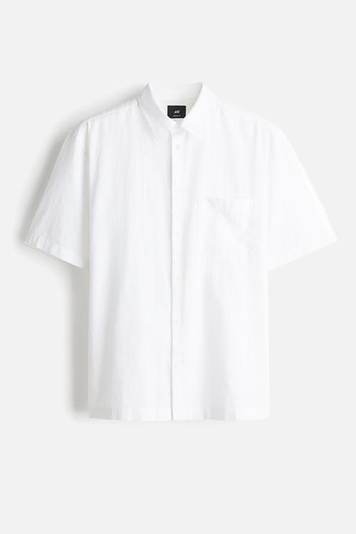 Regular fit short-sleeved linen-blend shirt - white