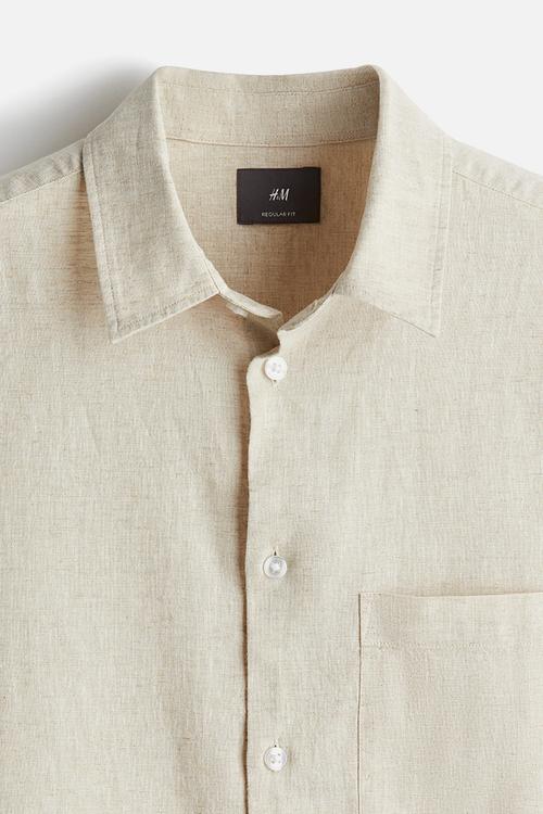 Regular fit short-sleeved linen-blend shirt - light beige