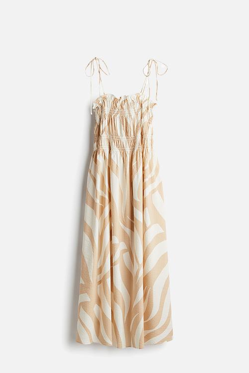 Smocked tie-strap dress - cream & beige patterned