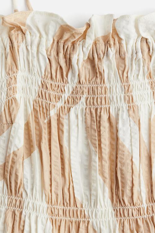 Smocked tie-strap dress - cream & beige patterned