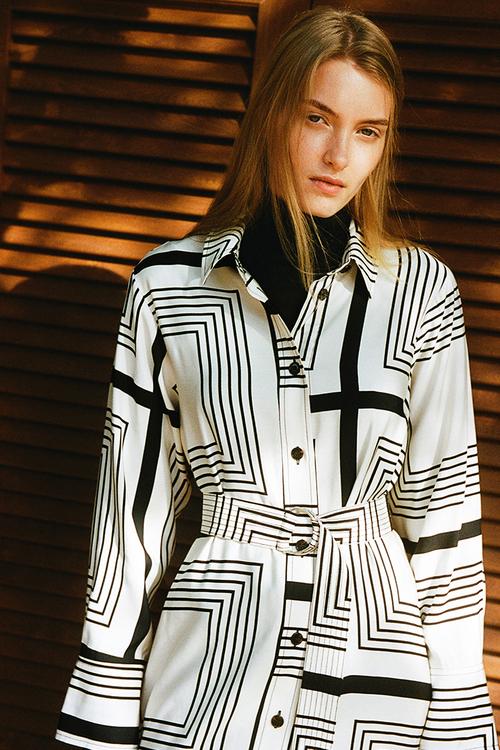Belted shirt dress - cream black patterned