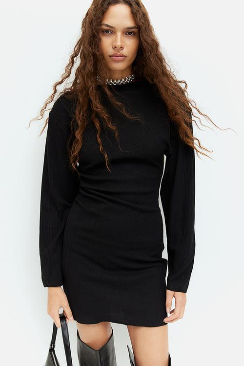 Basic jersey long sleeve bodycon dress - black