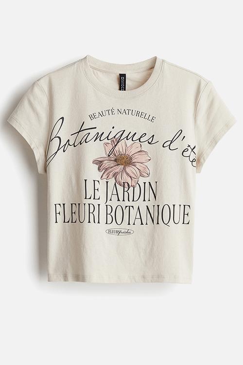 Cropped printed T-shirt - light beige/botaniques