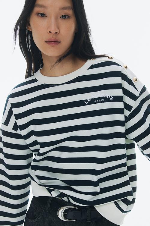 Text-motif sweatshirt - white navy blue striped