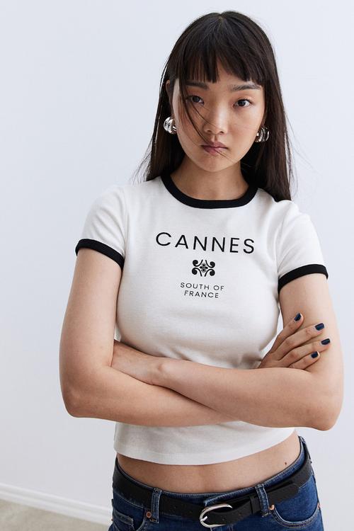 Ribbed T-shirt - cream cannes