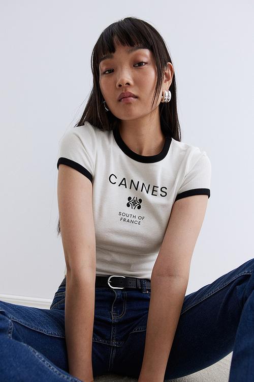 Ribbed T-shirt - cream cannes
