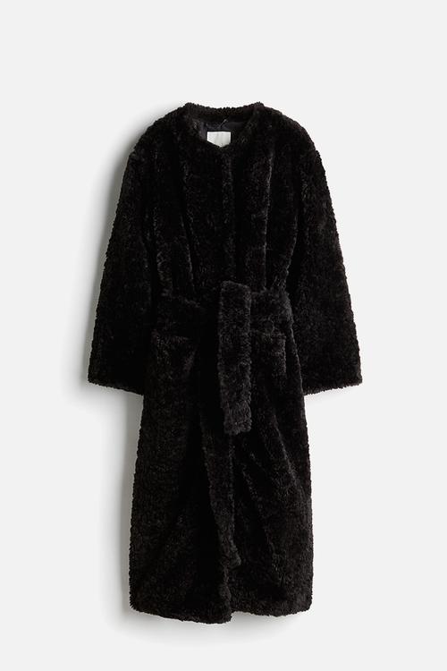 Fluffy tie-belt coat - dark brown