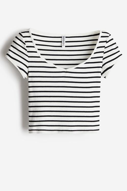 Ribbed sweetheart-neck T-shirt - cream striped