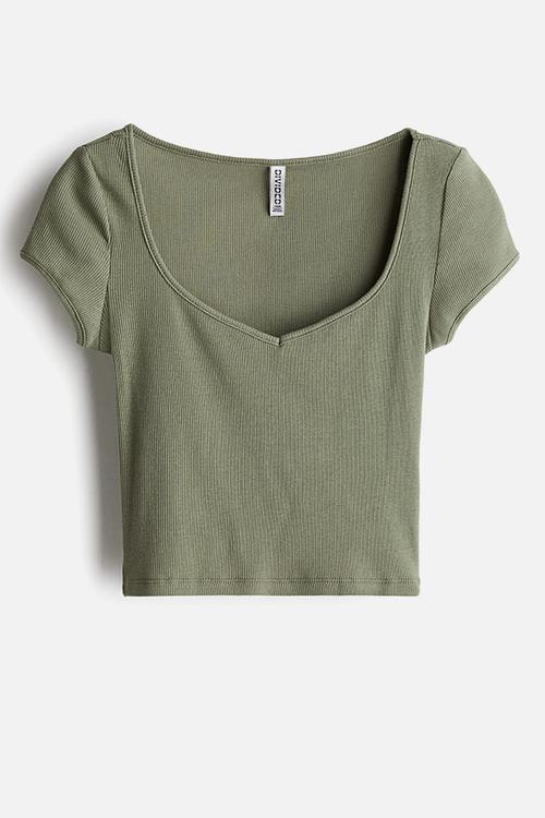 Ribbed sweetheart-neck T-shirt - khaki green