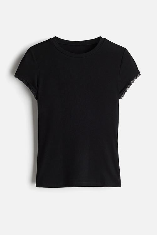 Lace-trimmed ribbed T-shirt - black