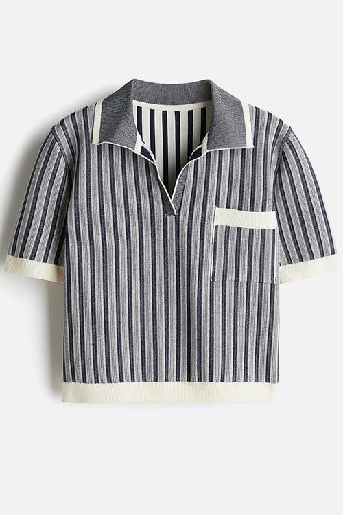 Rib-knit polo shirt - dark blue striped
