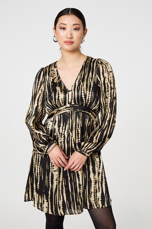 Abstract Printed Long Sleeve Empire Mini Dress - Multi Black