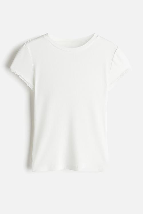 Lace-trimmed ribbed T-shirt - cream 