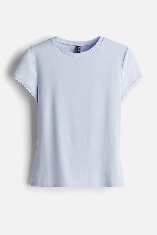 Lace-trimmed ribbed T-shirt -  light blue