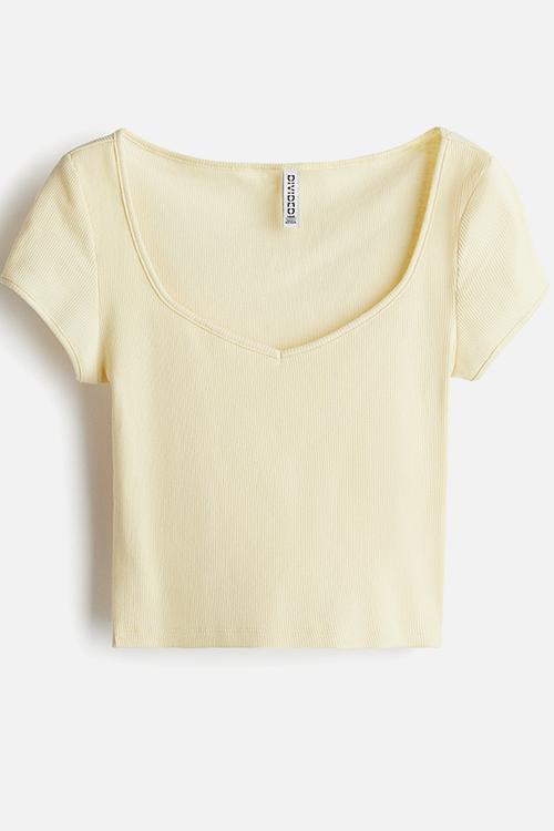 Ribbed sweetheart-neck T-shirt - light yellow