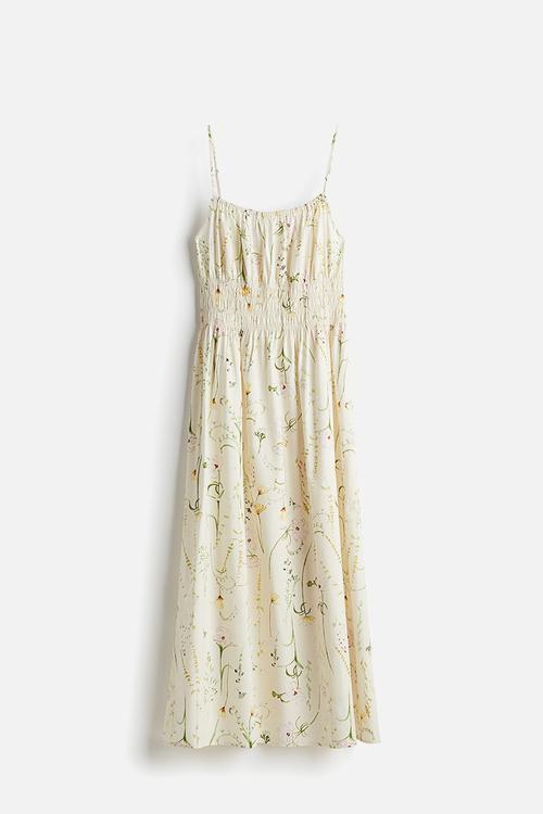 Smock-detail poplin dress - cream floral