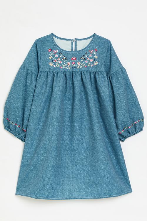 Floral applique denim dress - blue
