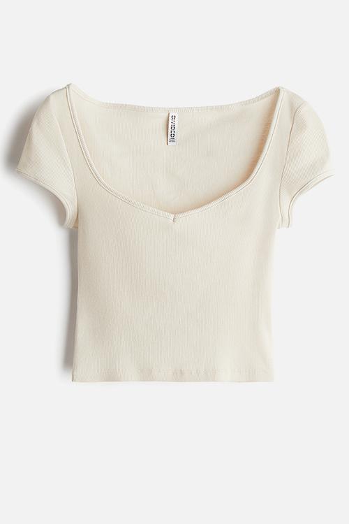 Ribbed sweetheart-neck T-shirt - light beige 