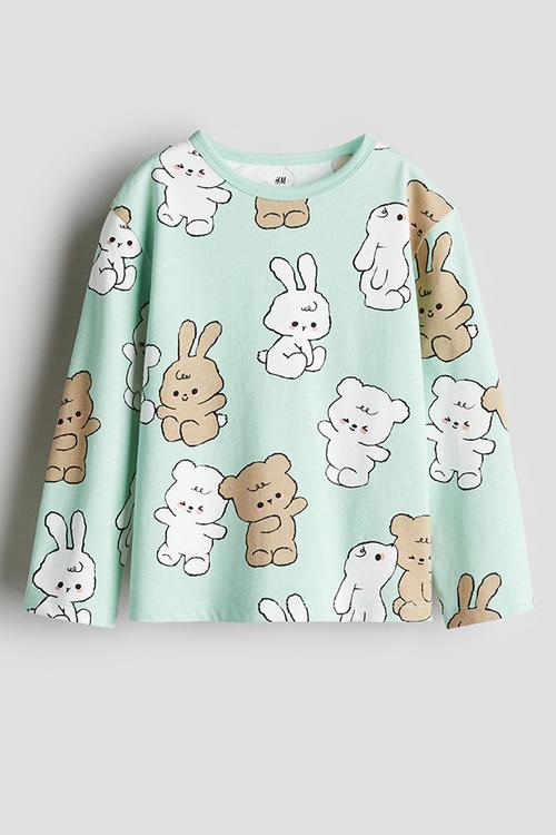 Printed cotton top - mint green bunnies