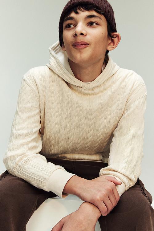 Cable-knit look hoodie - cream