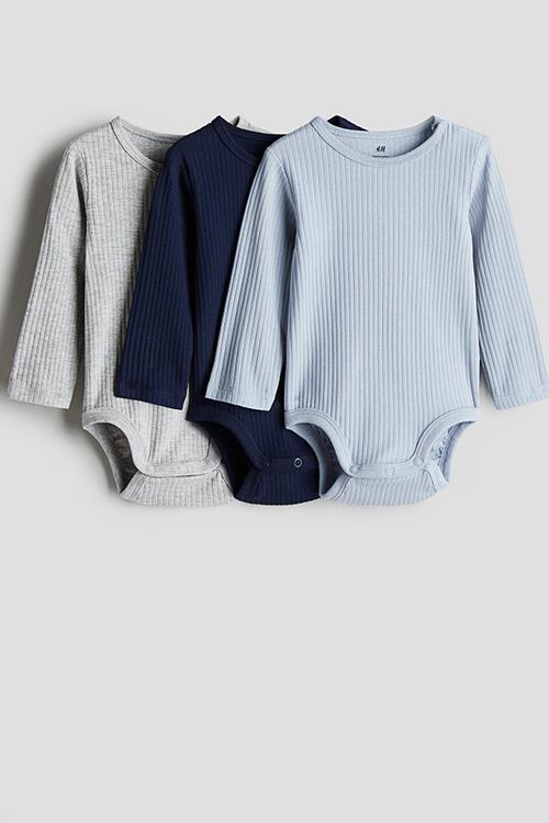 3 pack ribbed bodysuits - light blue & light grey