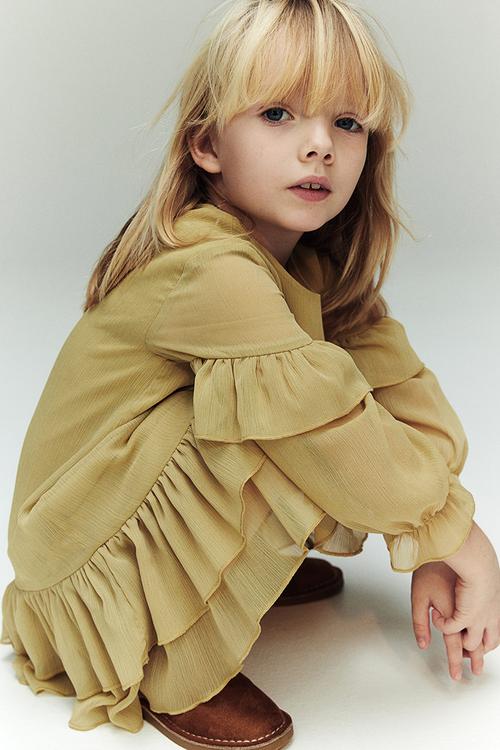Flounced chiffon dress - dusty yellow