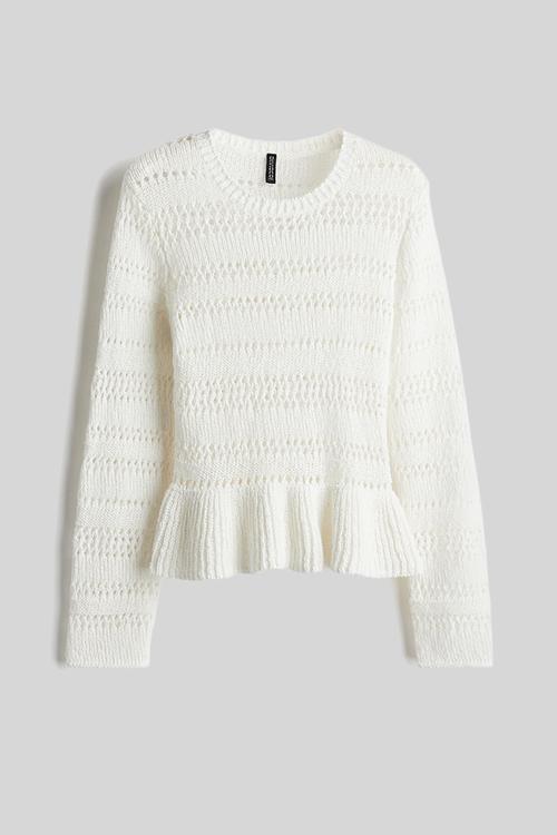 Pointelle-knit peplum jumper - cream 