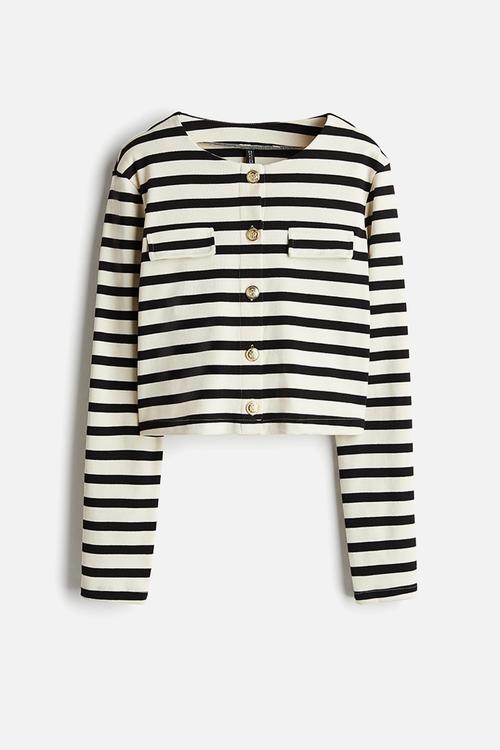 Pocket-detail jersey cardigan - cream striped