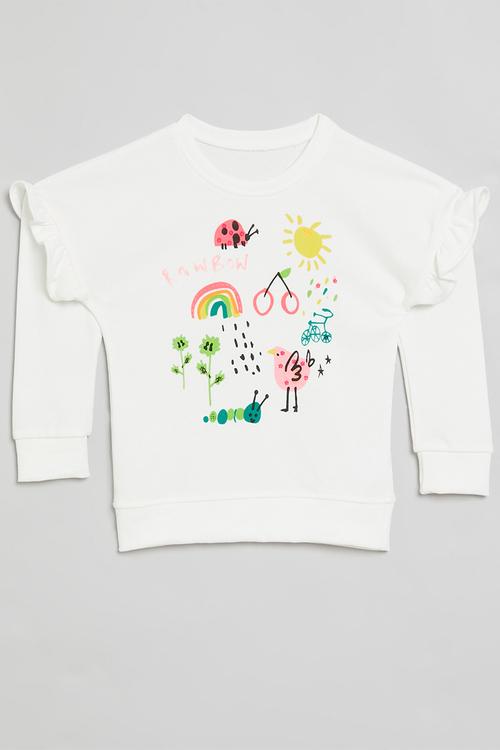 Printed frilled sweat top - white
