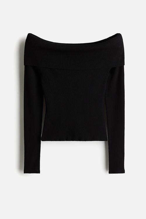 Rib-knit off-the-shoulder top - black
