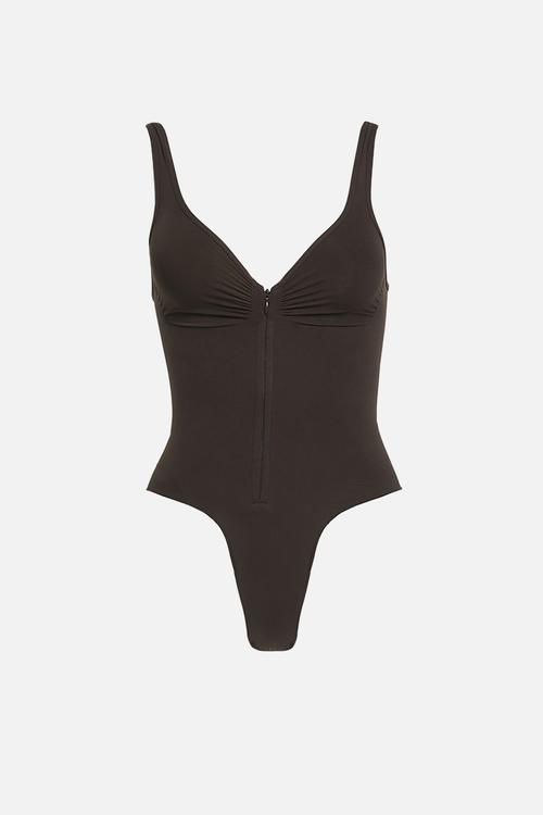 Zipped sculpting brief bodysuit - brown