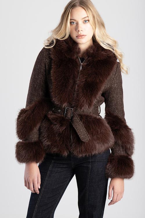 Belted Jacket With Faux Fur Details - brown