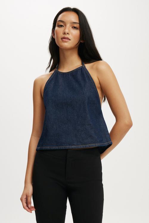Lyocell halter tie top-rinse blue