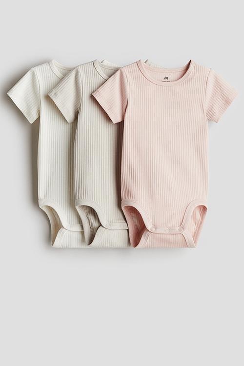 3-Pack ribbed cotton bodysuits - light pink light beige