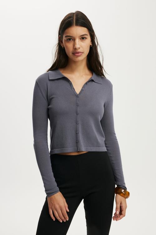 Fine knit polo long sleeve - slate grey