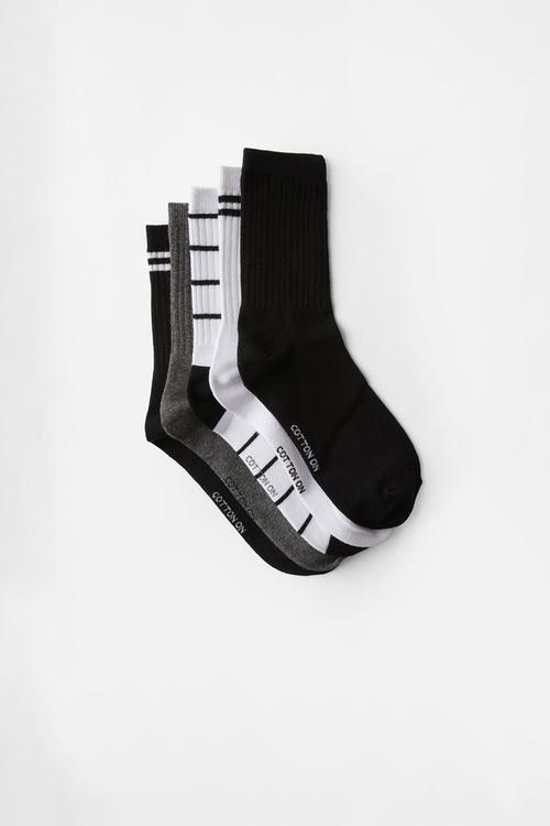 5Pk Crew Sock - Black & White Stripe Mix