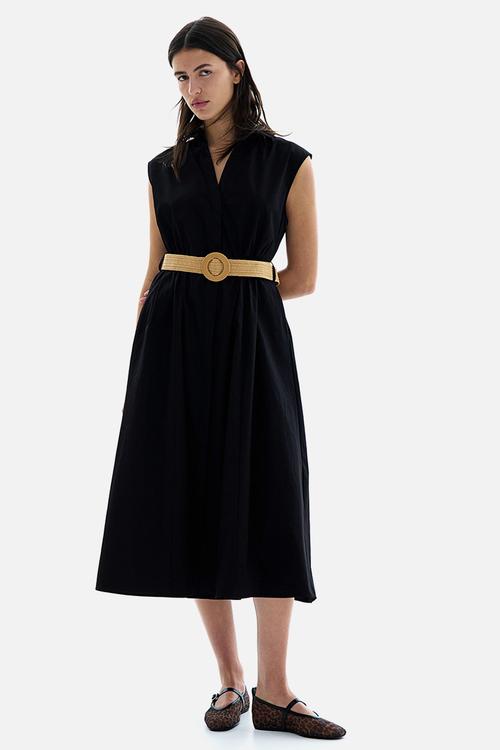 Belted cotton shirt dress - black