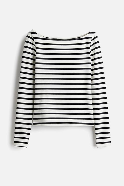 Boat-neck top - white & black striped