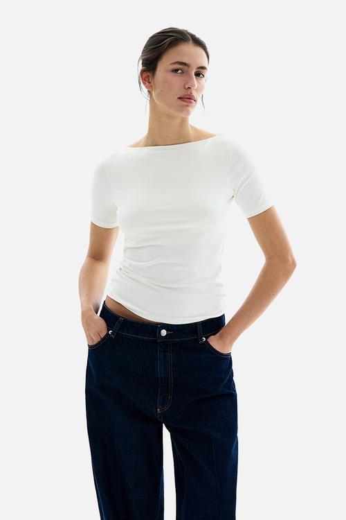 Boat-neck microfibre top - cream