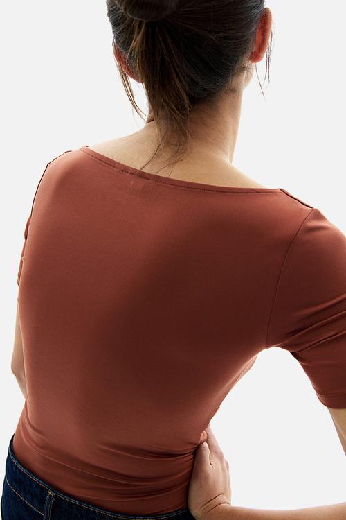 Boat-neck microfibre top - brown