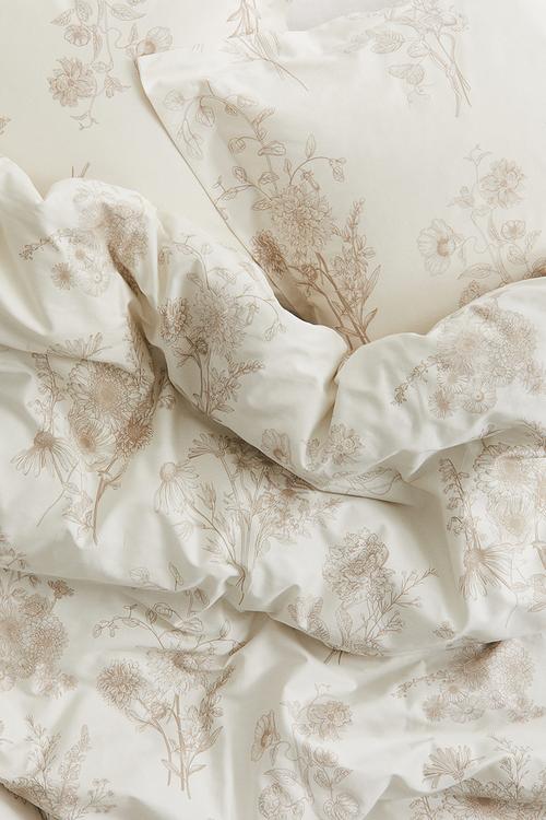 Cotton sateen double duvet cover set - light beige floral
