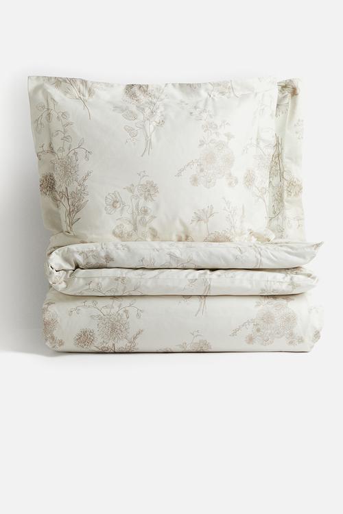 Cotton sateen double duvet cover set - light beige floral