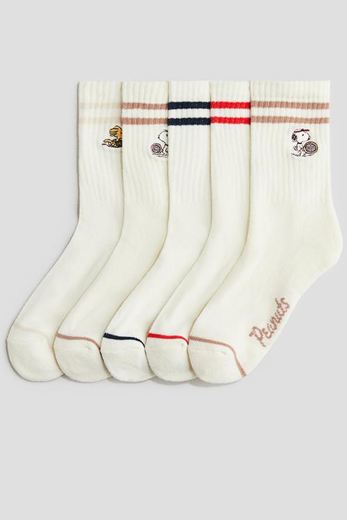 5 pack intarsia motif socks - cream snoopy