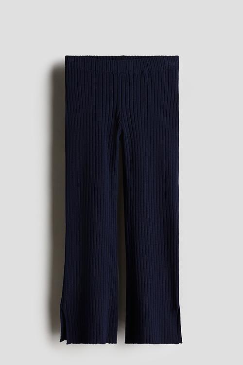 Flared rib-knit trousers - navy blue