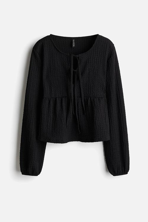 Crinkled tie-detail top - black