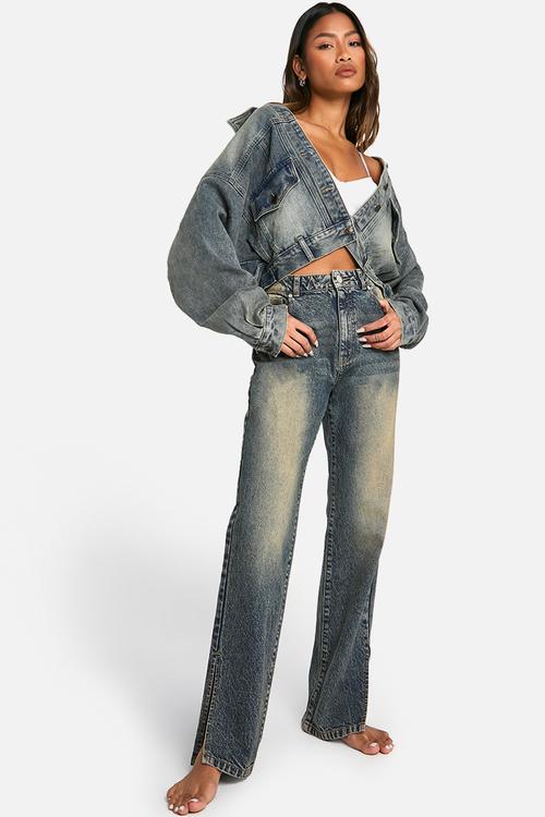 Basics 30 Inch Leg Split Hem Straight Leg Jeans - Vintage Wash