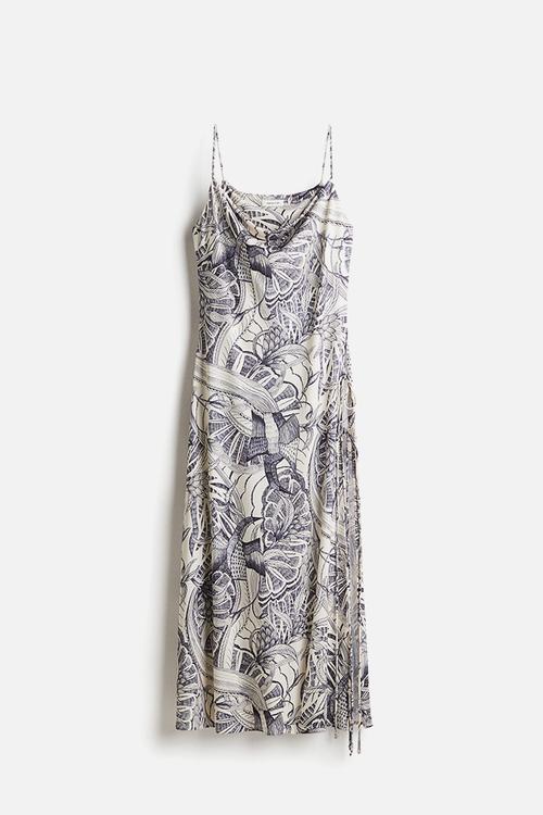 Side-slit strappy dress - cream patterned