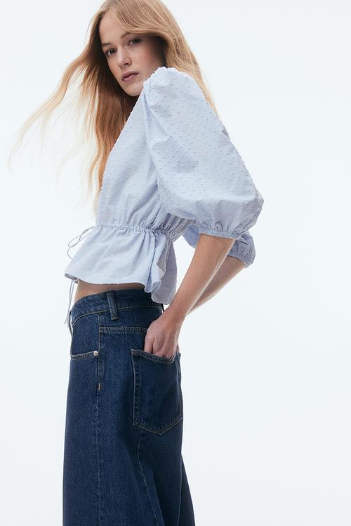 Puff-sleeved cotton blouse - light blue