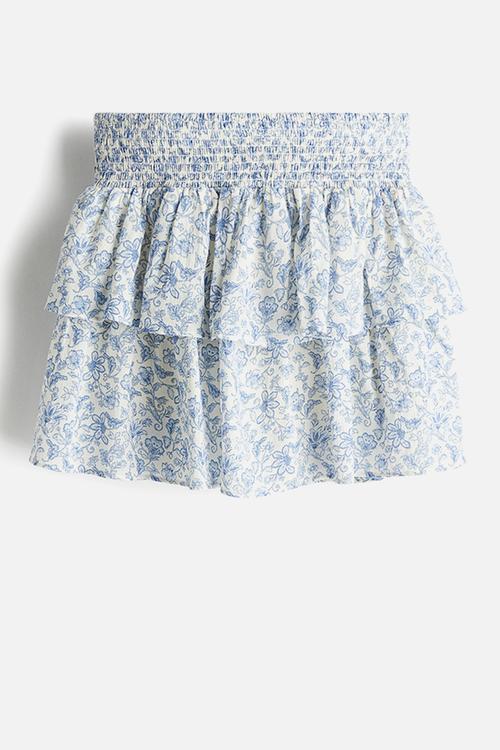 Tiered cotton skort - light blue/floral 
