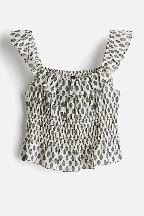 Frill-trimmed cotton top - cream/patterned